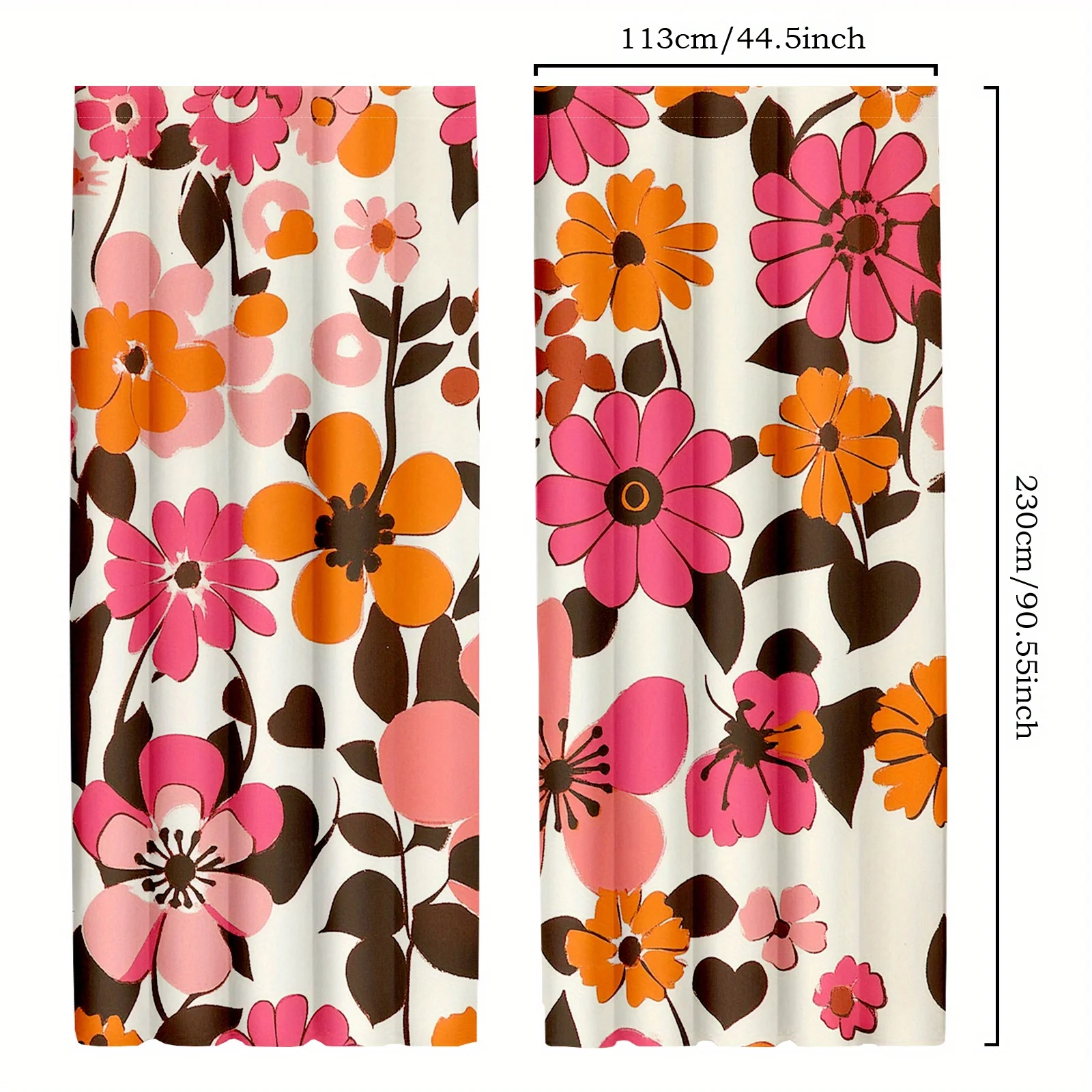2pcs Retro 70s Flower Curtains, Vintage Boho Floral Print and Groovy Hippie Window Drapes for Bedroom and Living Room