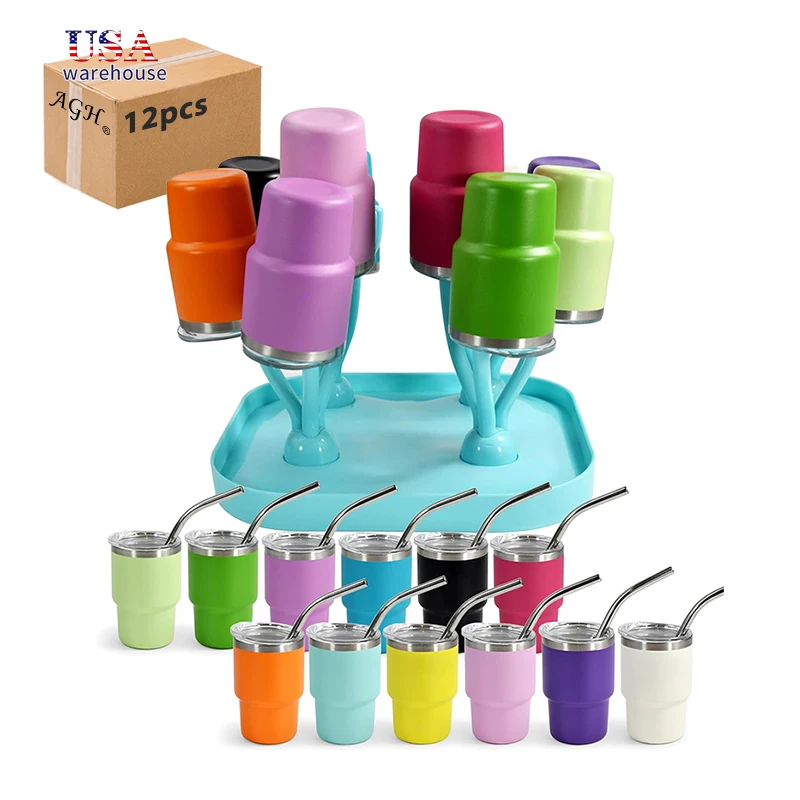 

12pcs Pack Mini 3oz Powder Coated Double Wall Stainless Steel Tumbler Shot Glass With Metal Straw and Blue Drying Rack He