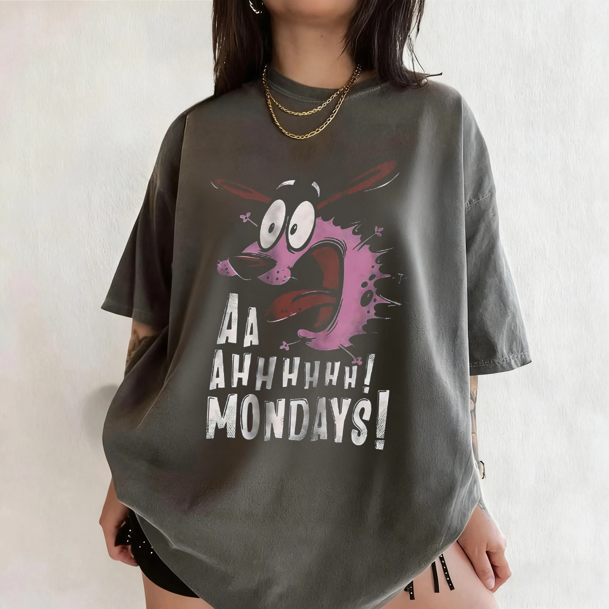 خمر الشجاعة الجبناء الكلب الكرتون طباعة تي شيرتات قصيرة الاكمام ريترو للجنسين الجرافيك المحملة 90s الحنين الصيف الشارع الشهير المحملة