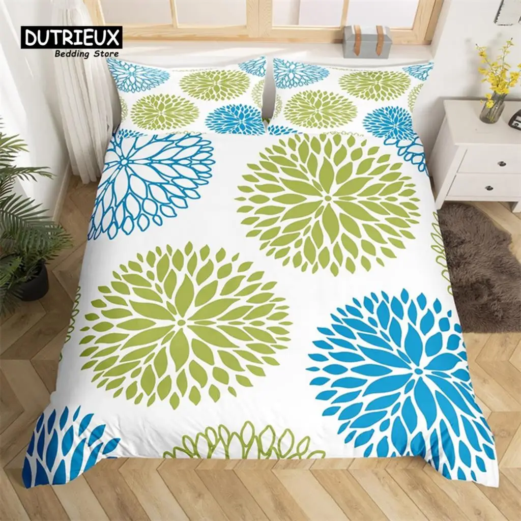 

Dahlia Bedding Set King Size Summer Geometric Floral Duvet Cover Microfiber Farmhouse Rustic Style Green Blue Flower Quilt Cover