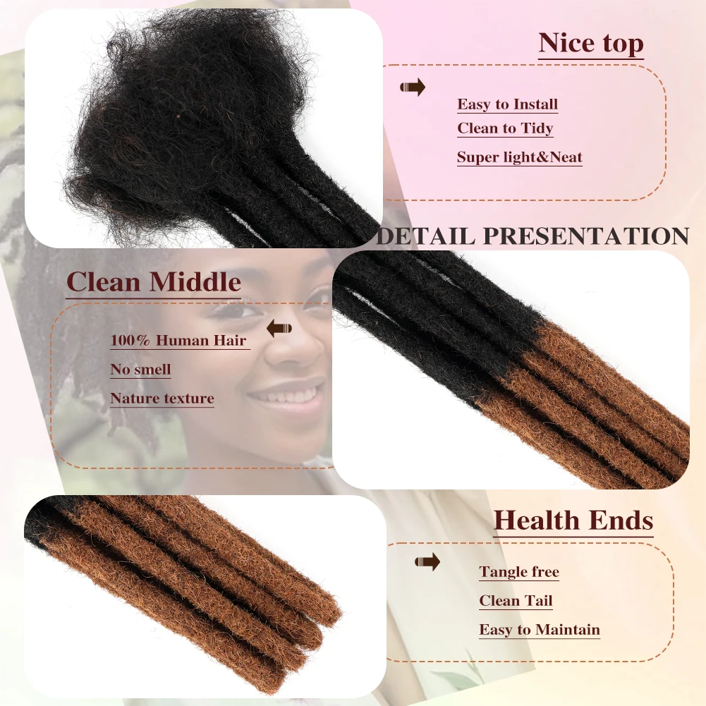 Rastas de cabello humano marrón ombré, 10 hebras, trenzas de ganchillo, extensiones de cabello, trenzas Microlocks de trenzado rizado de 0,6 cm