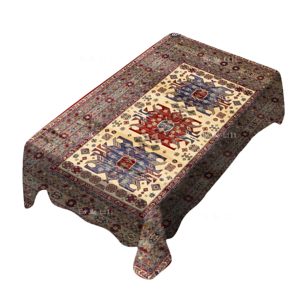 Classic Red Transitional Geometry Pattern Antique Turkish Persian Tribe Texture Polyester Fabric Tablecloth