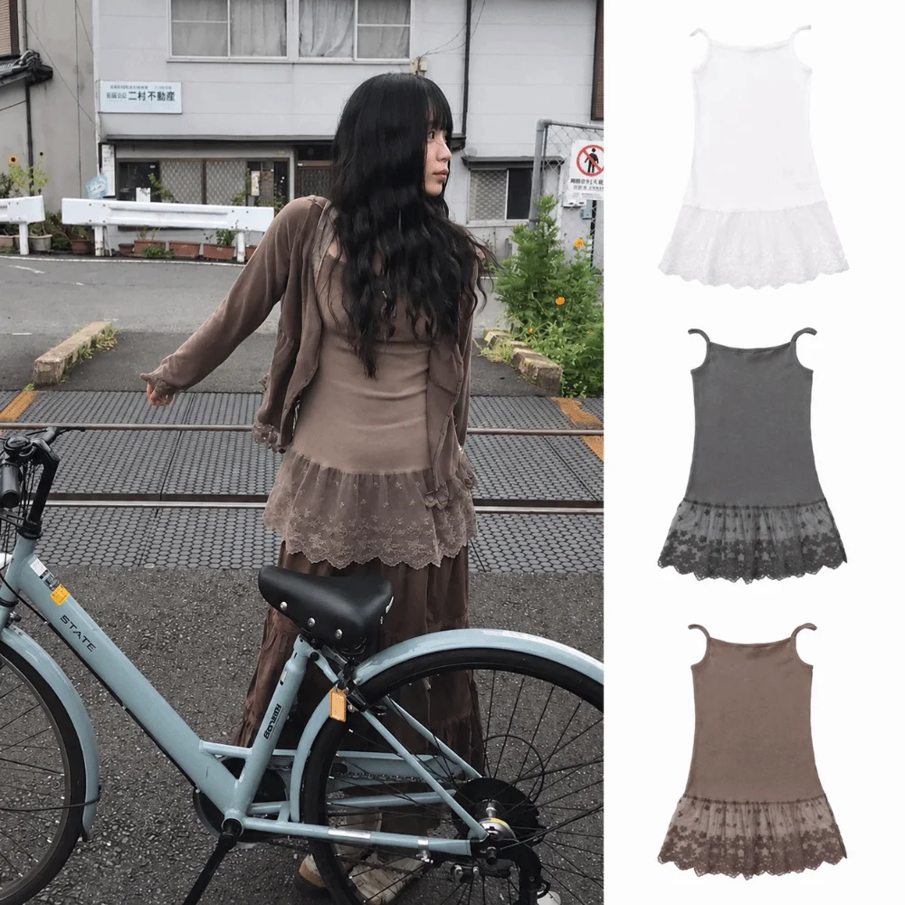 Sweet Cotton Lace Slip Dress Lace Slim Strap Layered Camisole Casual Splicing Skirt Spaghetti Strap Top Vacation
