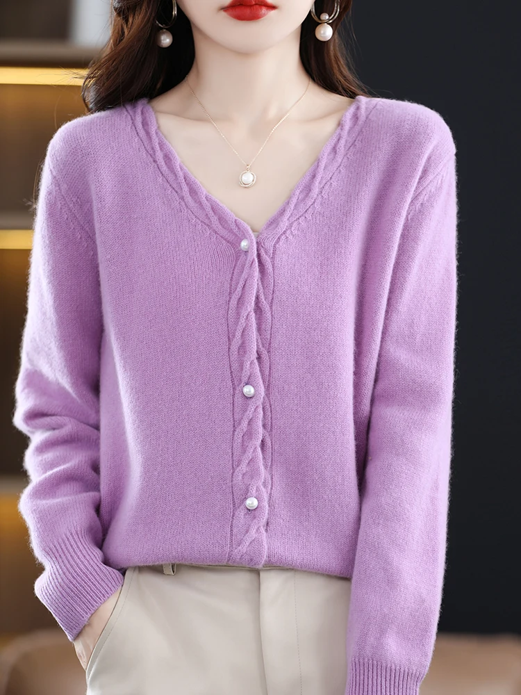 Aliselect 100% Pure Merino Wool Cardigan Women Sweater V-neck Long Sleeve Knitwear Coat Spring Fall Fashion Women Clothes
