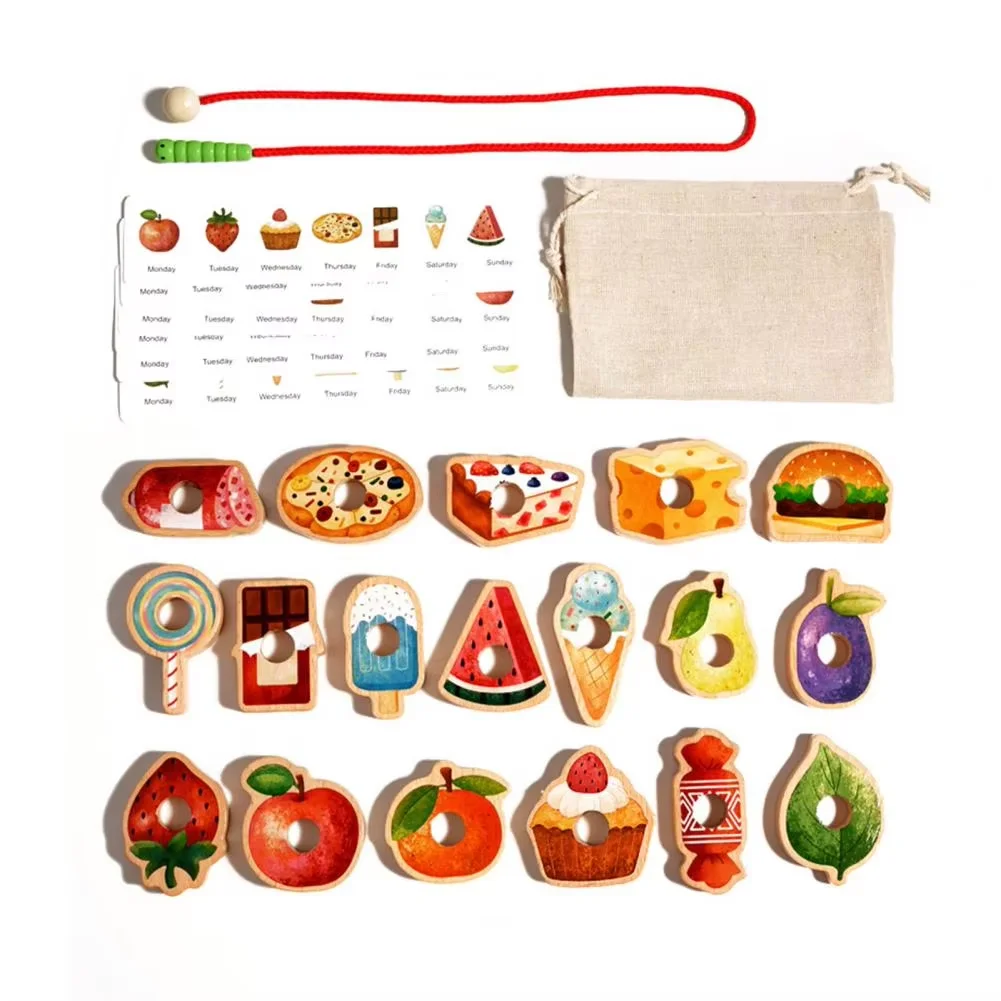 Jogo montessori de contas de laço de frutas e alimentos para crianças pequenas, cor e formato, correspondência cognitiva, treinamento de habilidades motoras finas