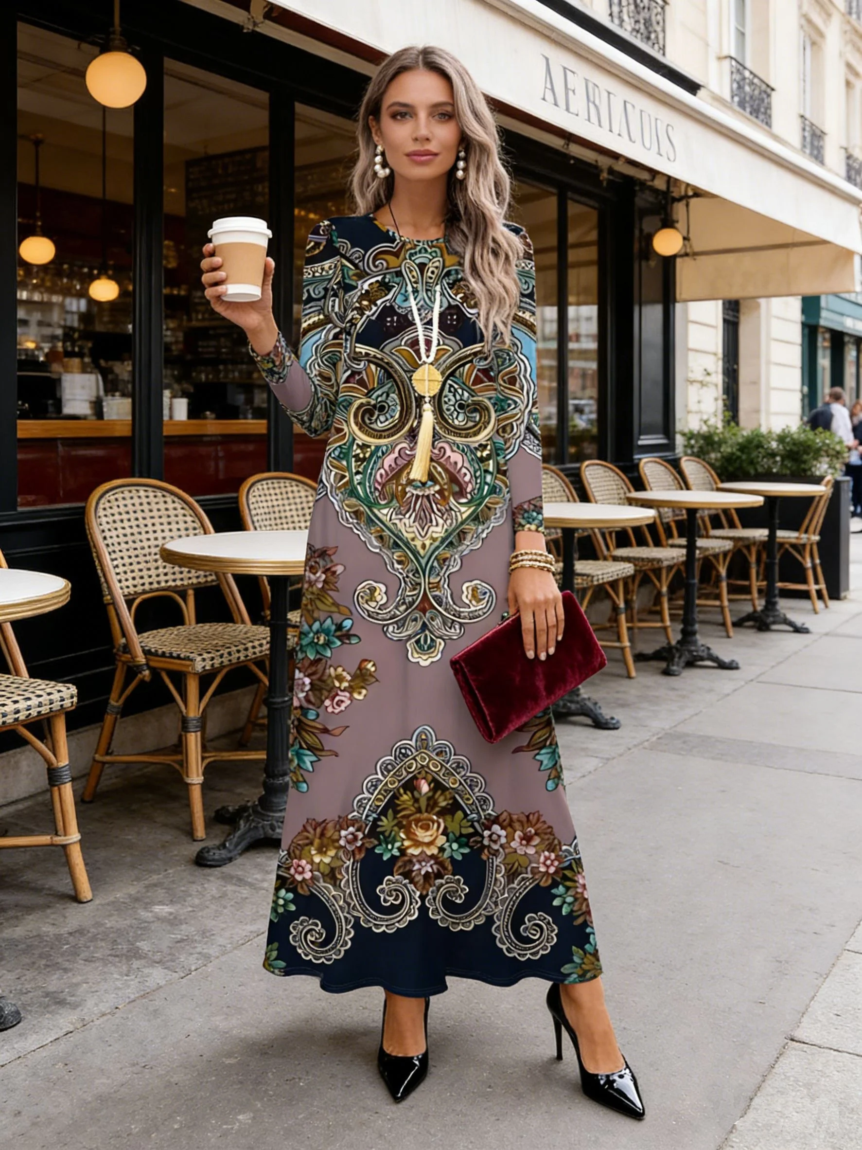 Langärmliges Kleid im Ethno-Stil, lässiges, fließendes Midikleid für Damen, Herbst-Winter-Mode, A-Linie, einfarbig, lockere Passform