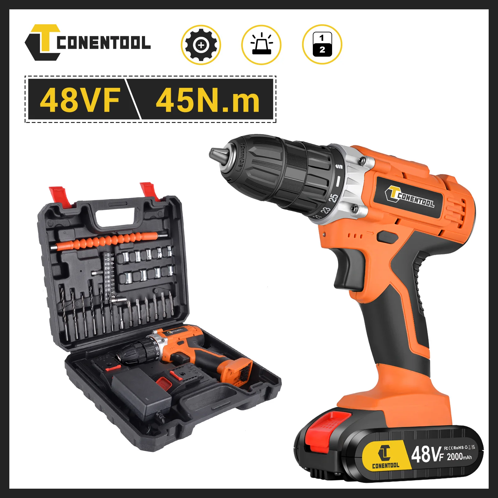 CONENTOOL 48VF Cordless Drill Combi Driver Electric Screwdriver Set with Battery Case Akkuschrauber Akku-Schlagbohrschrauber