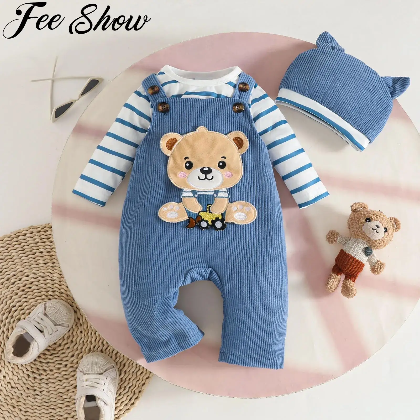 

Newborn Baby Boys Clothes Casual Striped Rompers with Cute Cartoon Animals Corduroy Overalls And Hat Set Spring Fall Outfits