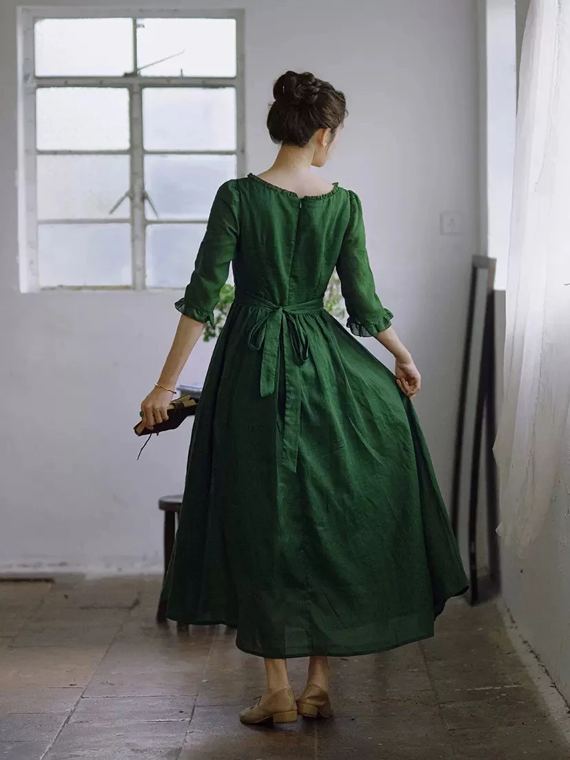 84-96cm Bust Spring Summer Women European Victorian Vintage Slim Waist Comfortable Thin Light Ramie Green Dresses