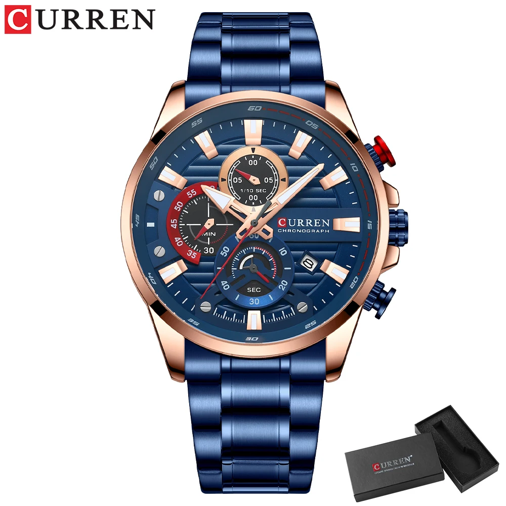 Curren neue blaue Multifunktions-Quarzuhren mit Edelstahl armbanduhren für Männer mit leuchtenden Zeigern 8