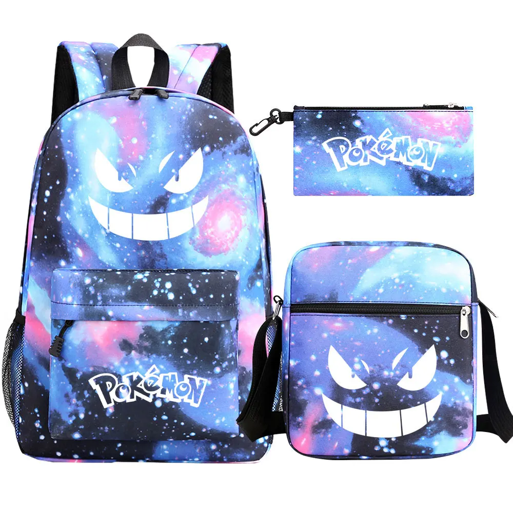 Pokemon Pikachu Backpack 3pcs Women Men Backpack Travel Bag Schoolbag for Teens Girls Boys Solid Color Laptop Mochila