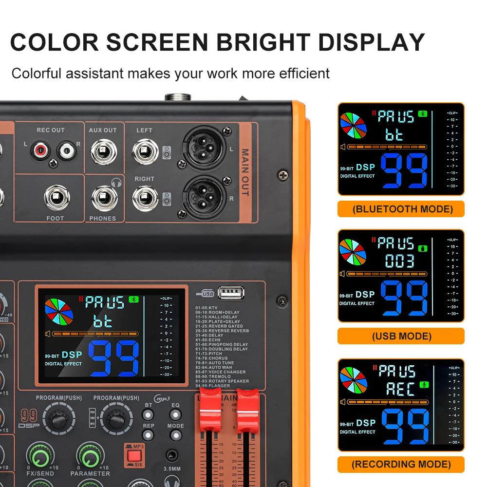 LEUS BOS4/6 Channel 99 DSP Effect Audio Mixer Record PC 48V Phantom Power USB Sound Mixers Bluetooth DJ Console Mixing for Karao