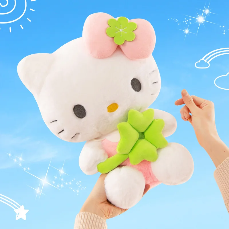 Sanrio Lucky trèfle à quatre feuilles Hello Kitty peluche chaton oreiller mignon peluche pour enfants anniversaire cadeau de noël pour les filles