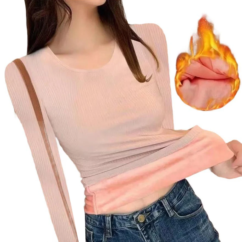 Women Plus Velvet Thermal Underwear Tops Slim Long Sleeve Warm Base Layer Shirt For Winter Casual Daily Wear Female T Shirts