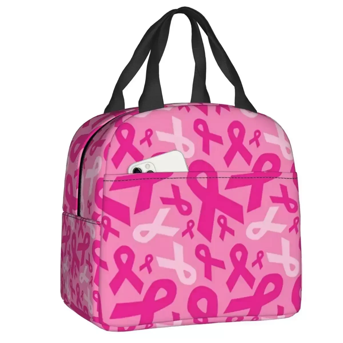 Floral Pink Breast Cancer Awareness Ribbon Thermal Insulated Lunch Bag Women Resuable Lunch Container Children Storage Food Box