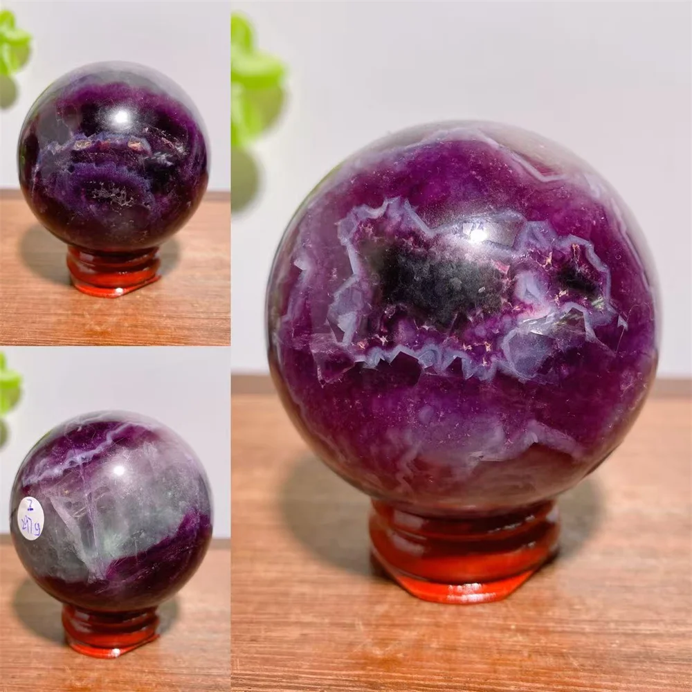 1PCS Natural Unique Dreamy Purple Fluorite Sphere with Raw Specimen Geode Stone Healing Crystal Reiki  Home Decor Crafts+Stand