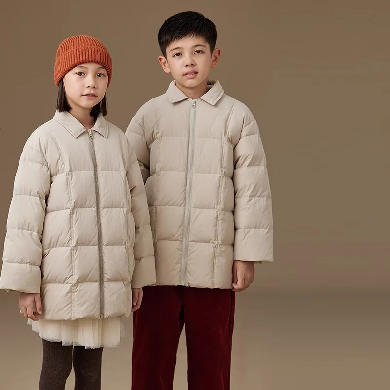 24 Childern Clothing Boys and Grils Beige Down Coat Warm Jacket with O-neck Collar Grey Duck Feather Padded Winter Coat