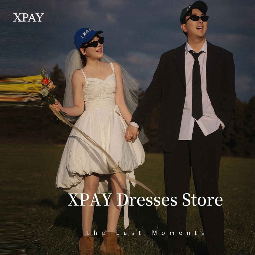 

XPAY Modern A Line Short Wedding Party Dresses Korea Photo shoot Straps Taffeta Hi Low Ruched Bride Gowns Corset Back Customized