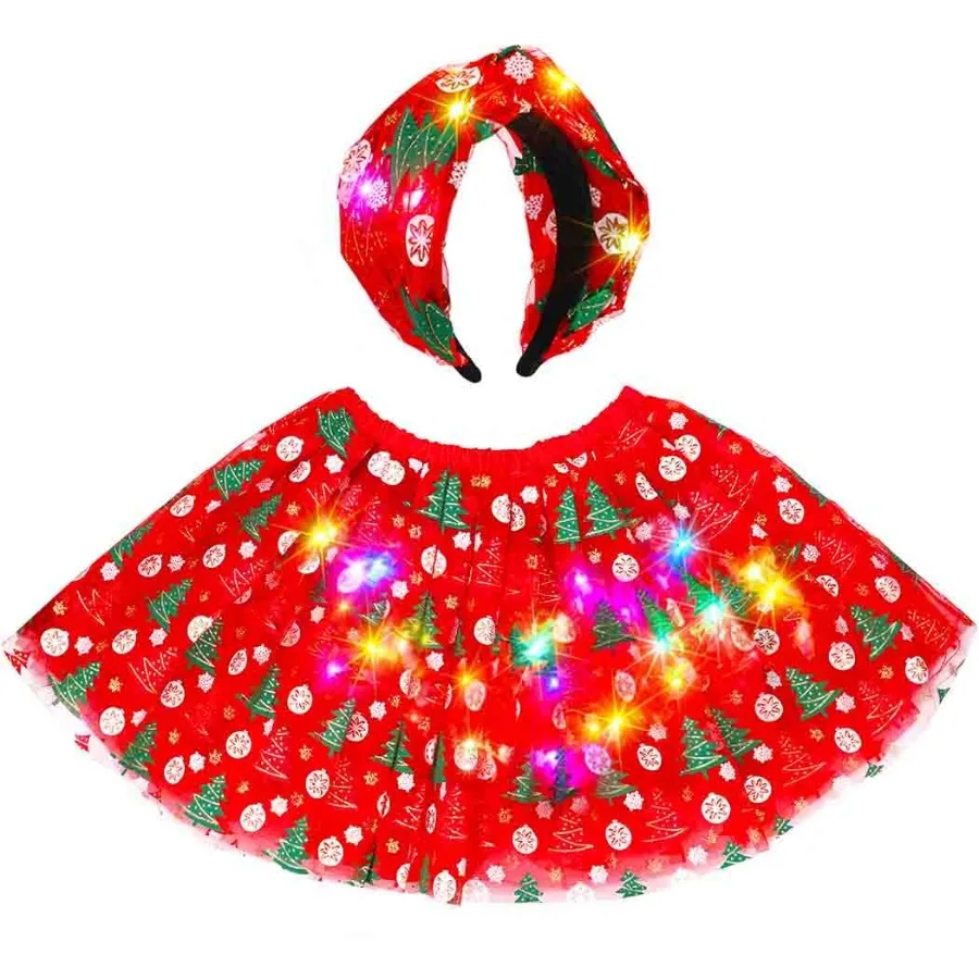 

Рождественская светящаяся повязка на голову, юбка, светодиодный рождественский костюм, набор светящихся аксессуаров для волос, елочные пачки для женщин, 2 шт. (красный)