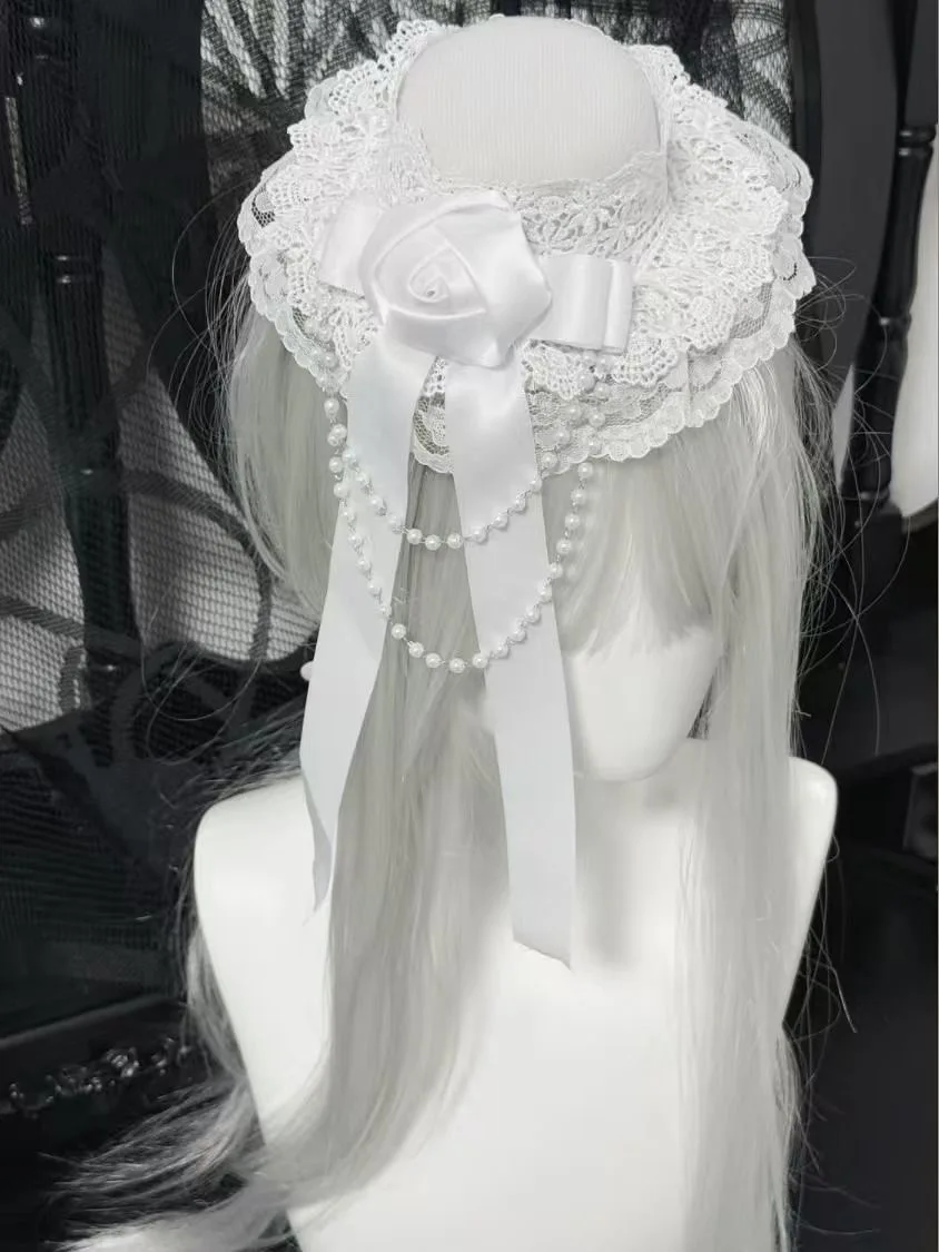 Czarno-biały nakrycie głowy Lolita Retro Lolita Gothic Rose Chain Bow Lace Gift Top Hat Elegancka opaska na głowę Y2K Akcesoria do włosów — zdjęcie 6