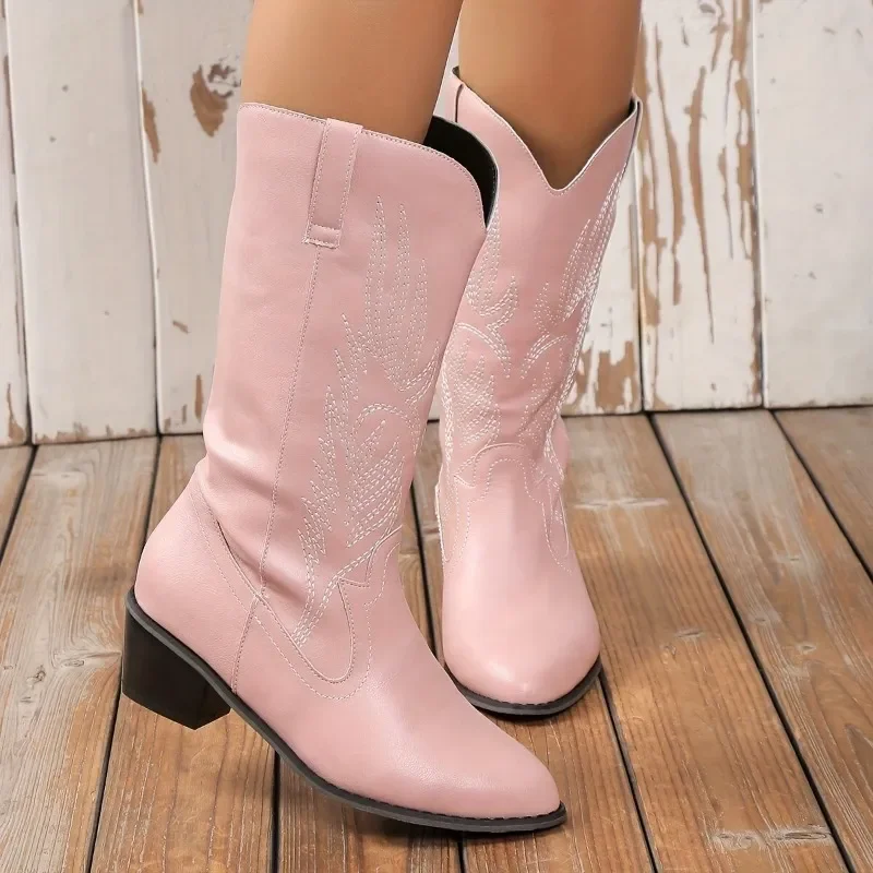 

Women Boots High Quality Shoes for Female Sleeve Winter Pointed Toe Embroidery Solid Middle Barrel Square Root Western 2023 Rain