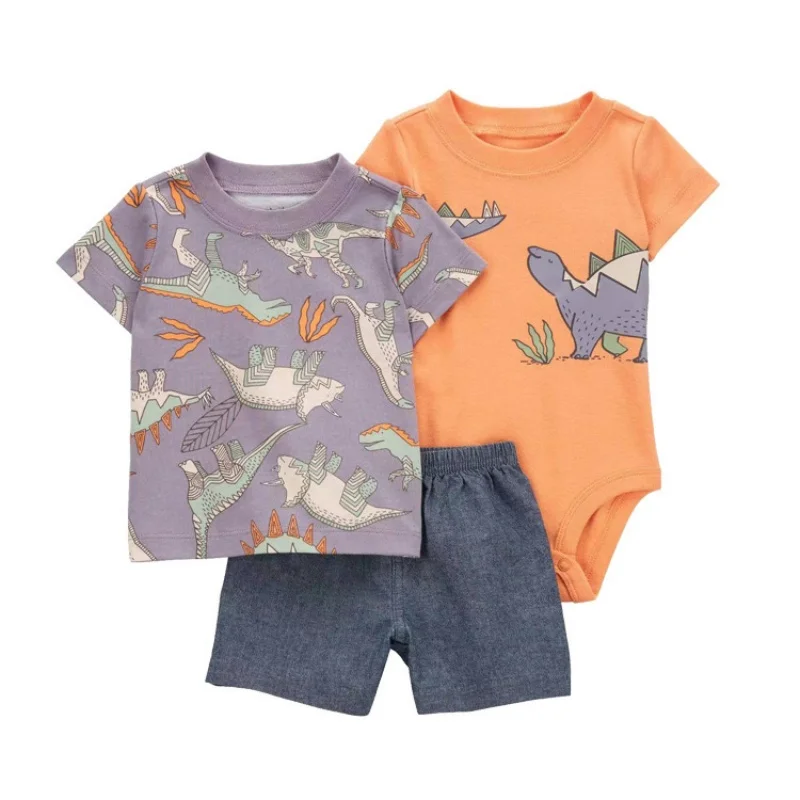 Conjunto de verano para bebé recién nacido, ropa de algodón de dinosaurio de dibujos animados, manga corta + Pantalones cortos + Mono, ropa