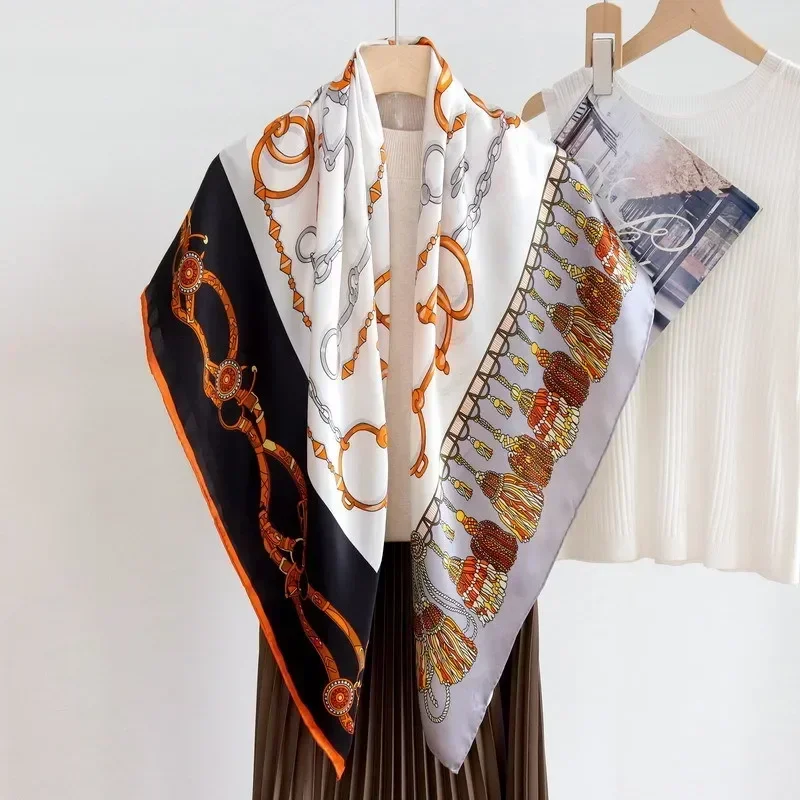 

Элегантный женский шарф-платок премиум-класса из высококачественного атласного шелка с принтом и пряжкой в форме подковы, с ручной отделкой края, большой квадратный размер