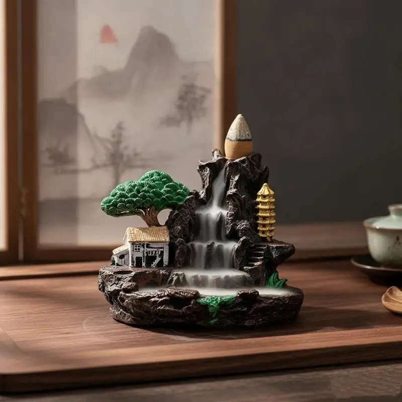1Pcs Resin Mountain Waterfall Backflow Incense Burner Handcrafted Design Smooth Smoke Flow For Home Office Meditation Room Deco