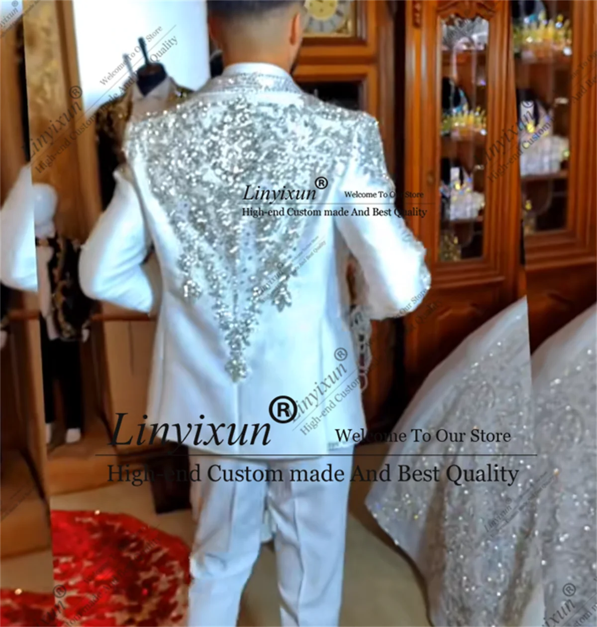 Shiny Beaded Ornament Tuxedos Men Suits Customized Slim Fit Dinner trajes para hombre 3 Piece Sets Wedding Groom Male Blazers