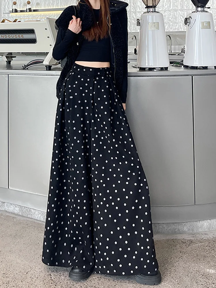 Fashion patchwork polka dot thick skirt pants for women in autumn and winter high waist loose big swing wide leg pants
