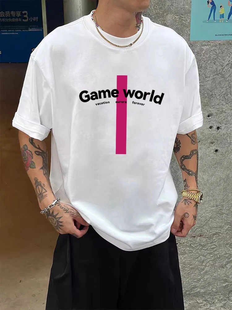 

Motorcycle Trendy Design Printed Short-Sleeved Men's Summer Street Handsome Heavyweight Pure Cotton Small Neckline Loose