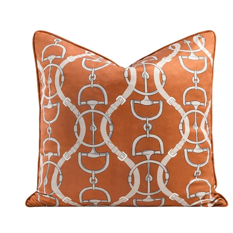 Orange Velvet Pillows Luxury Chain Print Cushion Case Modern Classical Square Decorative Pillow Cover For Sofa Chair Home Decor