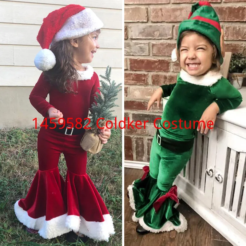 New Girls Christmas Cosplay Long Sleeve Bell Bottom Velvet Suit Carnival Party Santa Claus Costume 4 Piece 2-8 Years Old