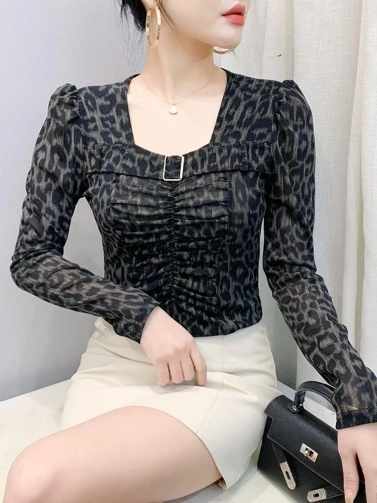 

2026 Spring New Women Top European Fashion Leopard Print Mesh Long Sleeve Square Neck Sexy Elegant Basic Shirt