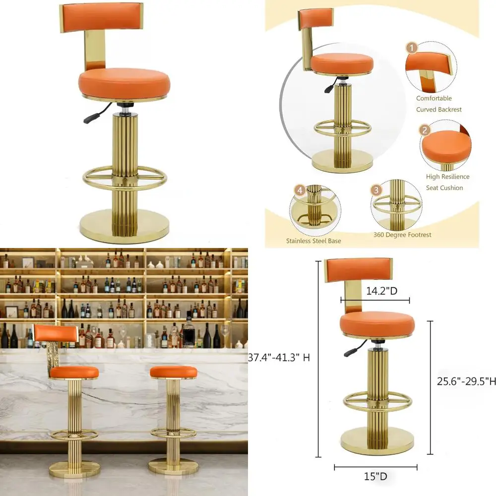 

Modern Adjustable Height Swivel Bar Stools with Back, FUNROLUX Counter Height Chairs in Polished Gold Stainless Steel