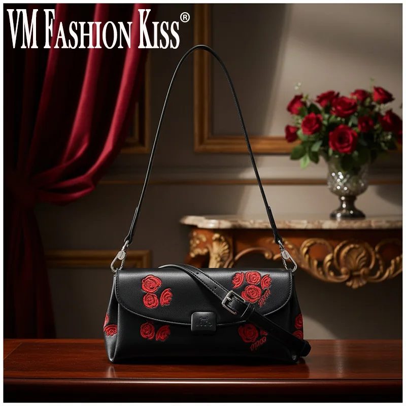 

Elegant Women Handbag Fashionable Casual Underarm Rose Embroidered Synthetic Leather Black Luxury Design Shoulder Crossbody Bag