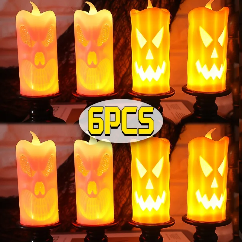 

6/1PCS Halloween Pumpkin Candle Light Flameless LED Light Candlestick Battery Powered Electronic Candle Lamp Room Party Decor