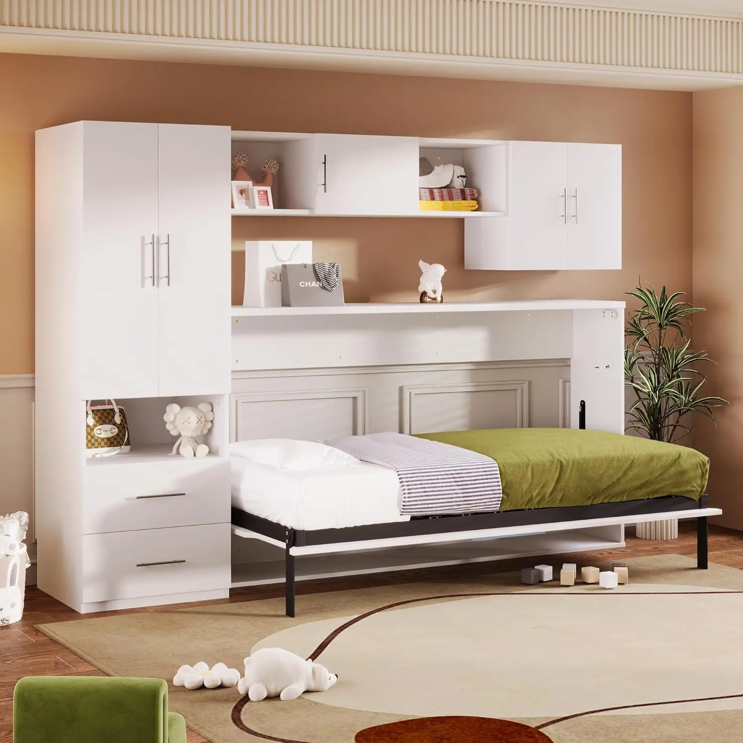 Twin Size Murphy Bed With Storage Drawers, Open Shelves, Built-In Wardrobe And Desk - White