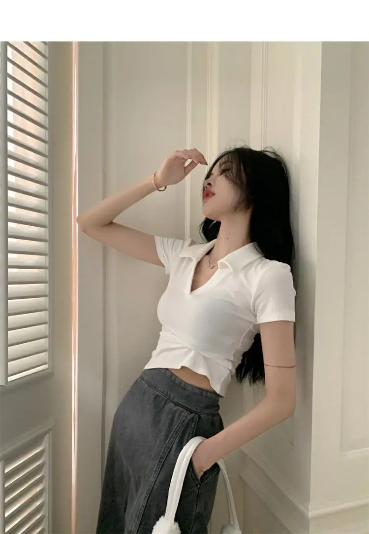 New Poio Neck T Shirt Women Korea Style Short Top V-Neck Solid Color Slim 2023 Summer Tops Fashion T-shirt Womens Clothing