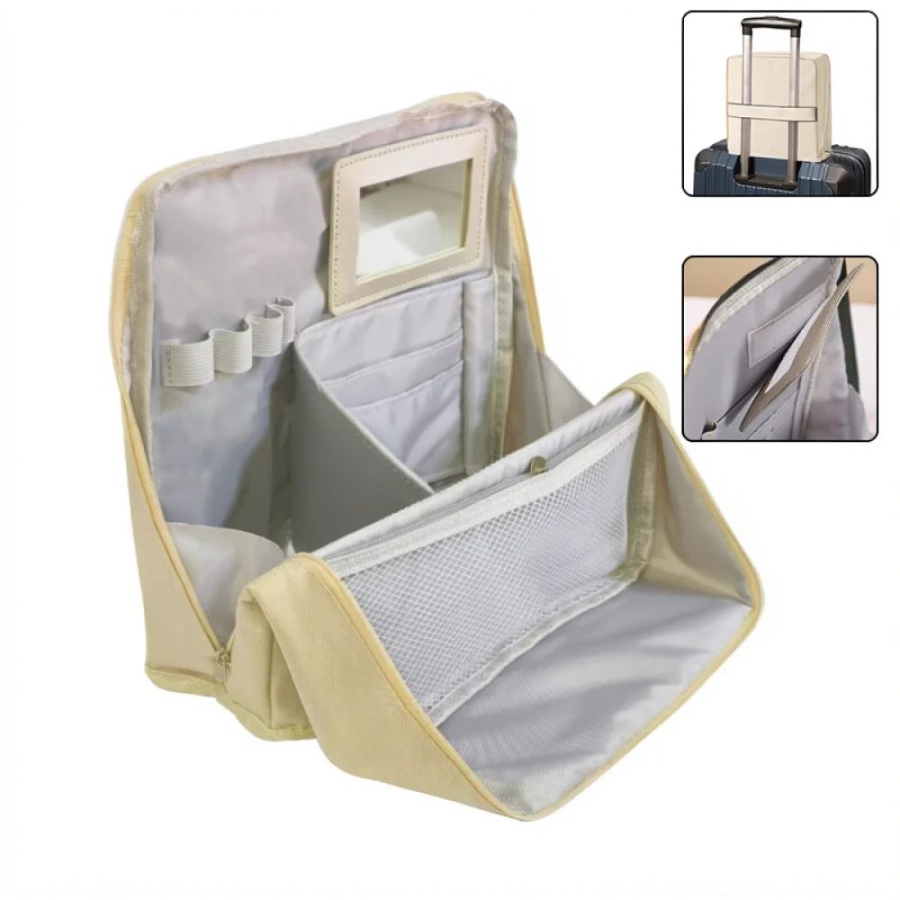 Stylish Makeup Organizer Case With Mirror Portable Cosmetic Pouch Large Capacity Travel Toiletry Storage Stand Up