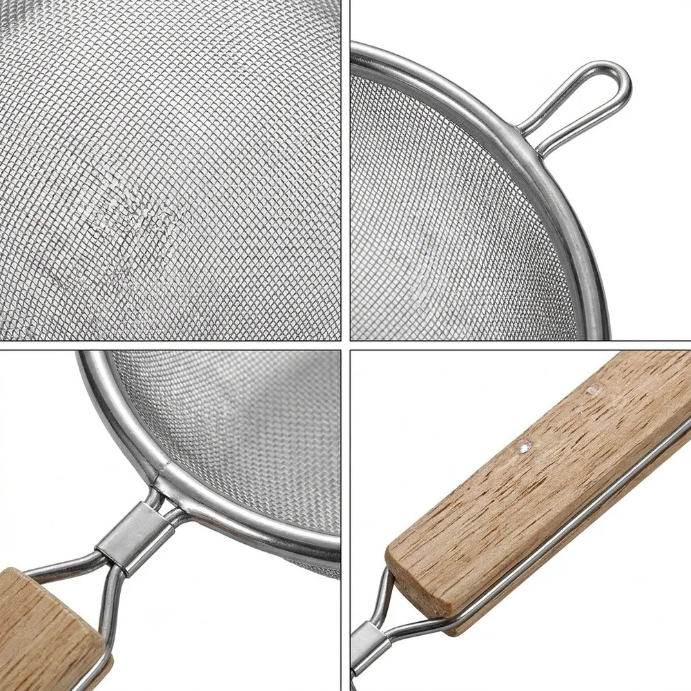 Stainless Steel Strainer with 304 Grade Material and Natural Wood Handle for Long Lasting For Kitchen Performance