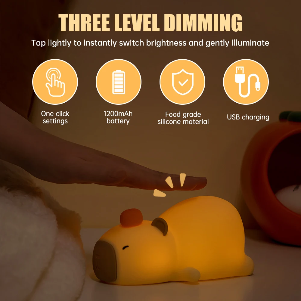 LED Night Light Cute Capybara Silicone Lamps USB Rechargeable Bedroom Sleep Timing Touch Lamp Home Decoration Children's Gifts