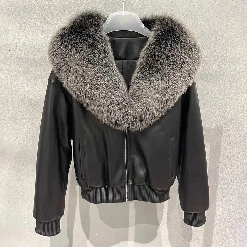 New Women Leather Jackets Genuine Sheepskin Coat Fox Fur Collar Full Sleeve Zipper Fashion Autumn Winter Outwear GT5076