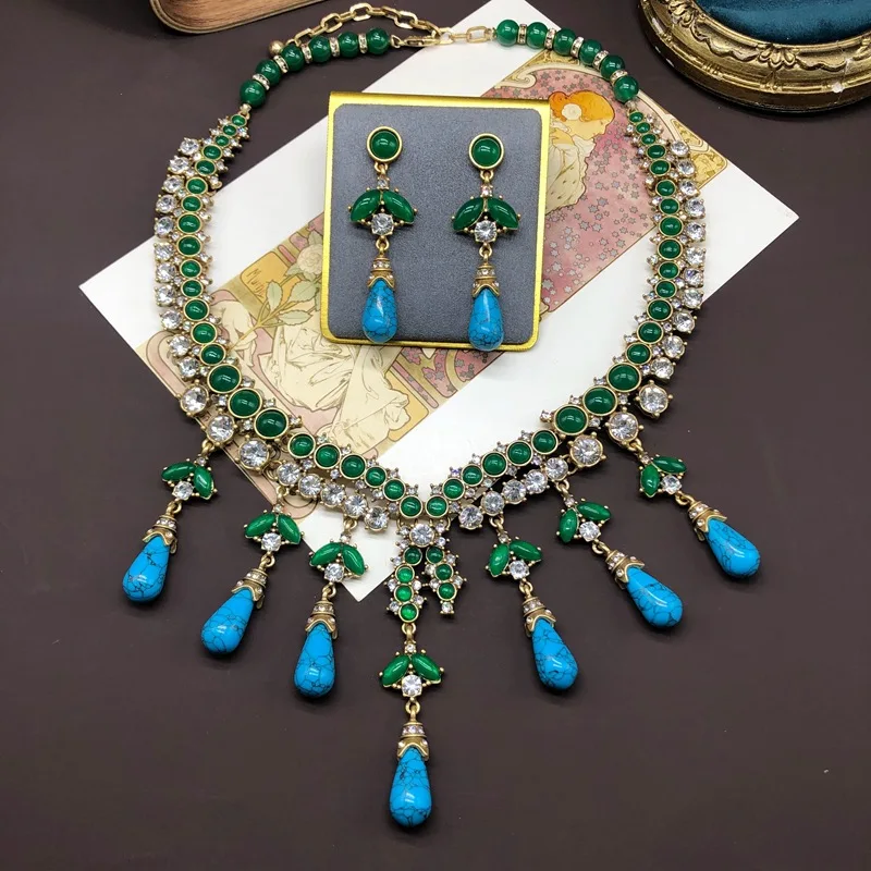 

Turquoise Gemstone Inlaid Tassel Pendant Agate Beaded Necklace And Earrings Set for Women Fashion Jewelry Accessory