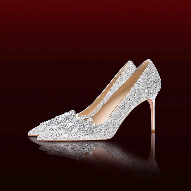 

Spring and Summer New Pointed Shallow Mouth Sequins Water Diamond Wedding Shoes Thin High Heel Banquet Dress Women's Single Shoe