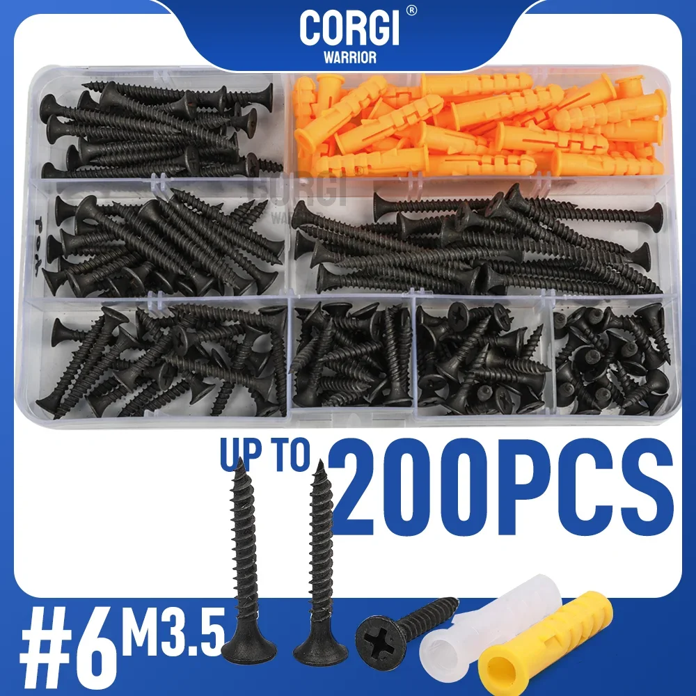 #6 Drywall Black Wood Screws Assortment Kit 100-200 Sheetrock Phillips Drive Carbon Steel Self Tapping Screws Set Length 16-50mm