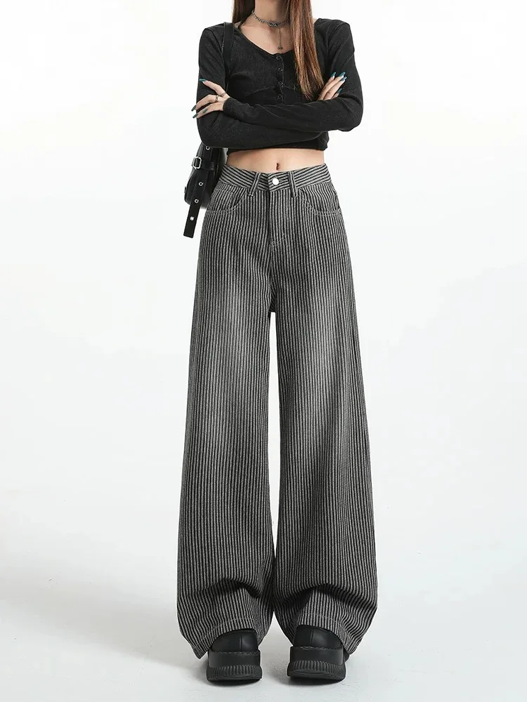 

Женские повседневные джинсовые брюки в черную полоску Y2K, широкие джинсы в стиле Харадзюку, модный дизайн, уличная одежда Sensation