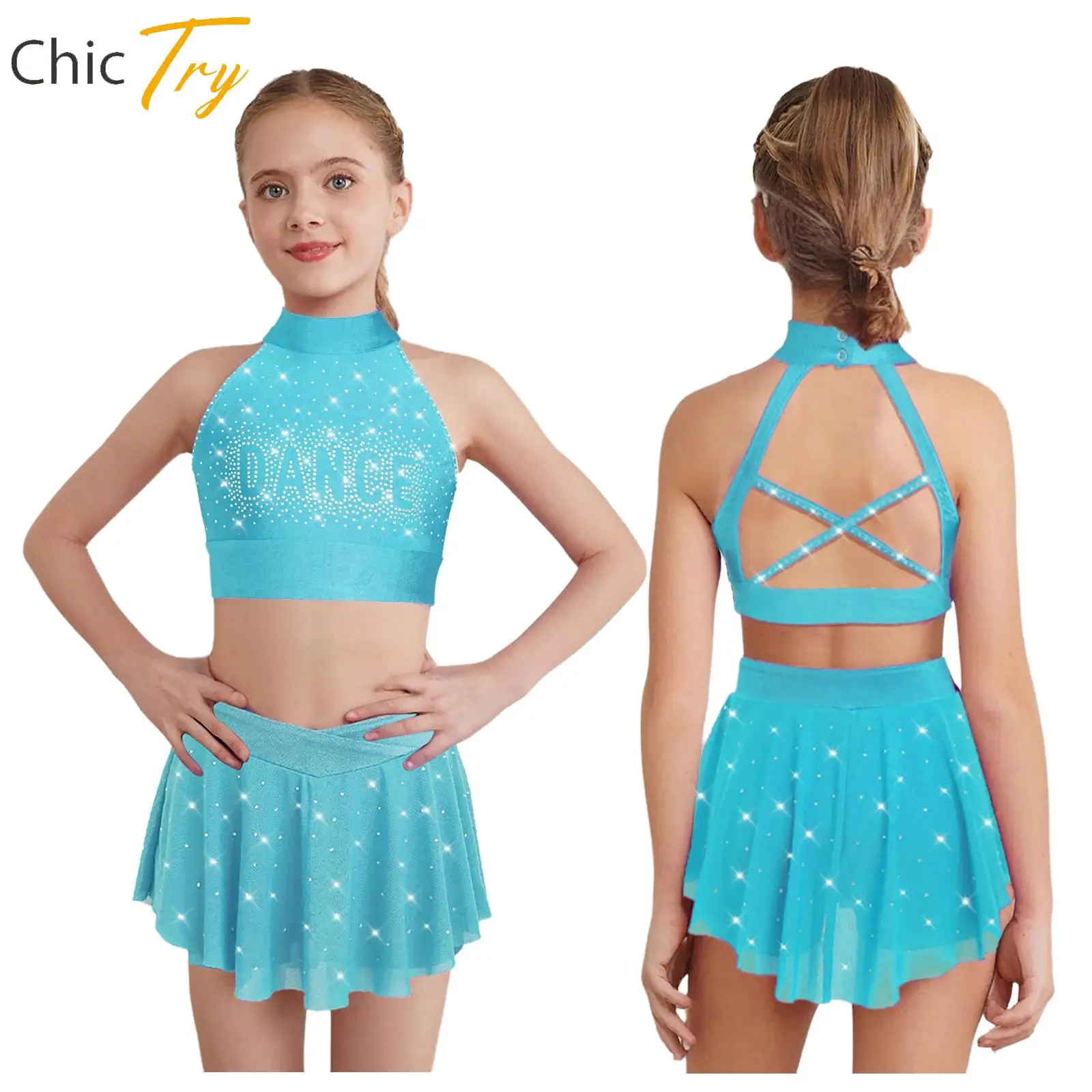 

Kids Girls 2-Piece Glittery Rhinestones Figure Skating Dance Outfits Halter Sleeveless Cheerleading Dance Crop Top with Skirts