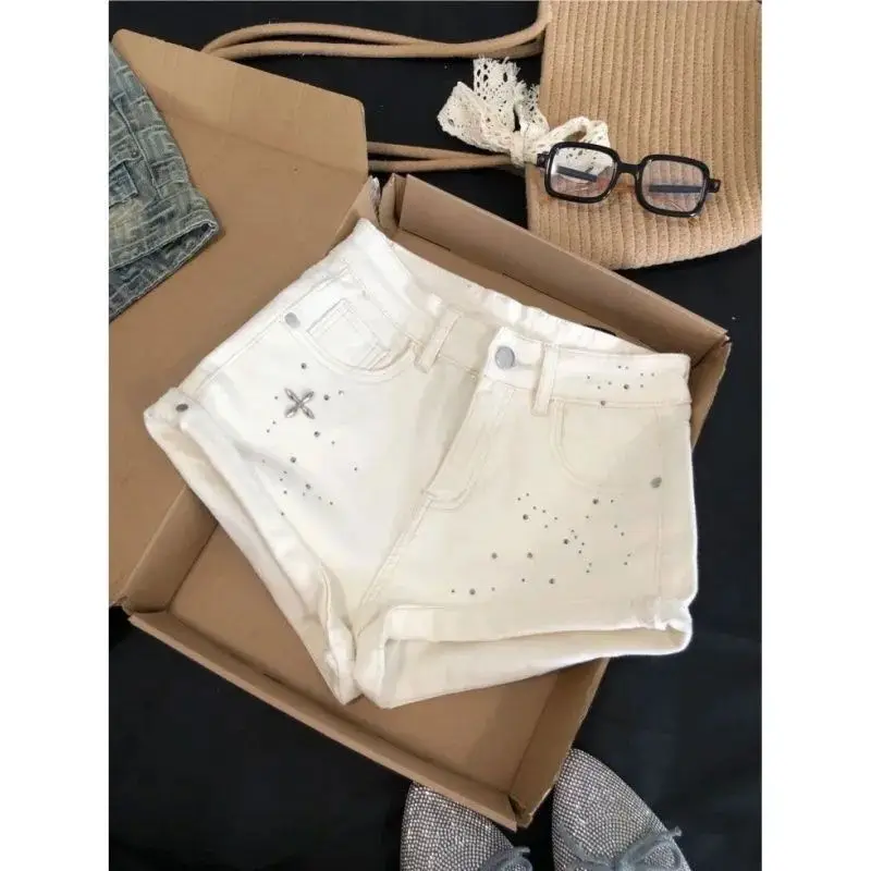 

White Hot Diamond Rivet Curled Edge Spice Girl High Waist Denim Shorts Women's Summer New Fashion Slim and Thin Hot Pants