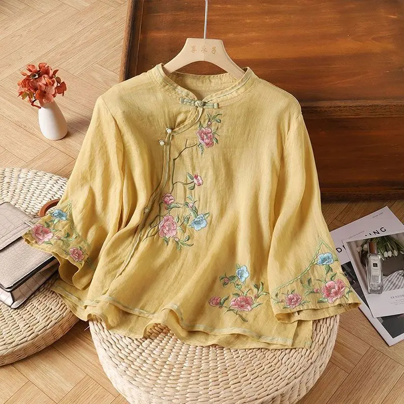 National Style Top Pure Cotton Linen Embroidered Shirt Women Ethnic Style Summer Chinese Style Oblique Placket Buttoned Shirt